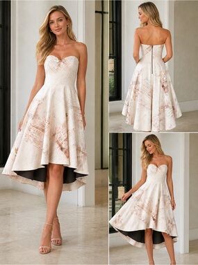 Strapless High-Low Ivory Cocktail Dress with Subtle Rose-Gold Accents
